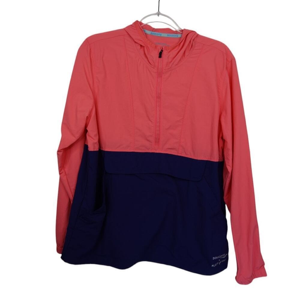 Saucony x Fleet Feet Large Jacket Pink Blue Women's Track Anorak Pull Over Hood
